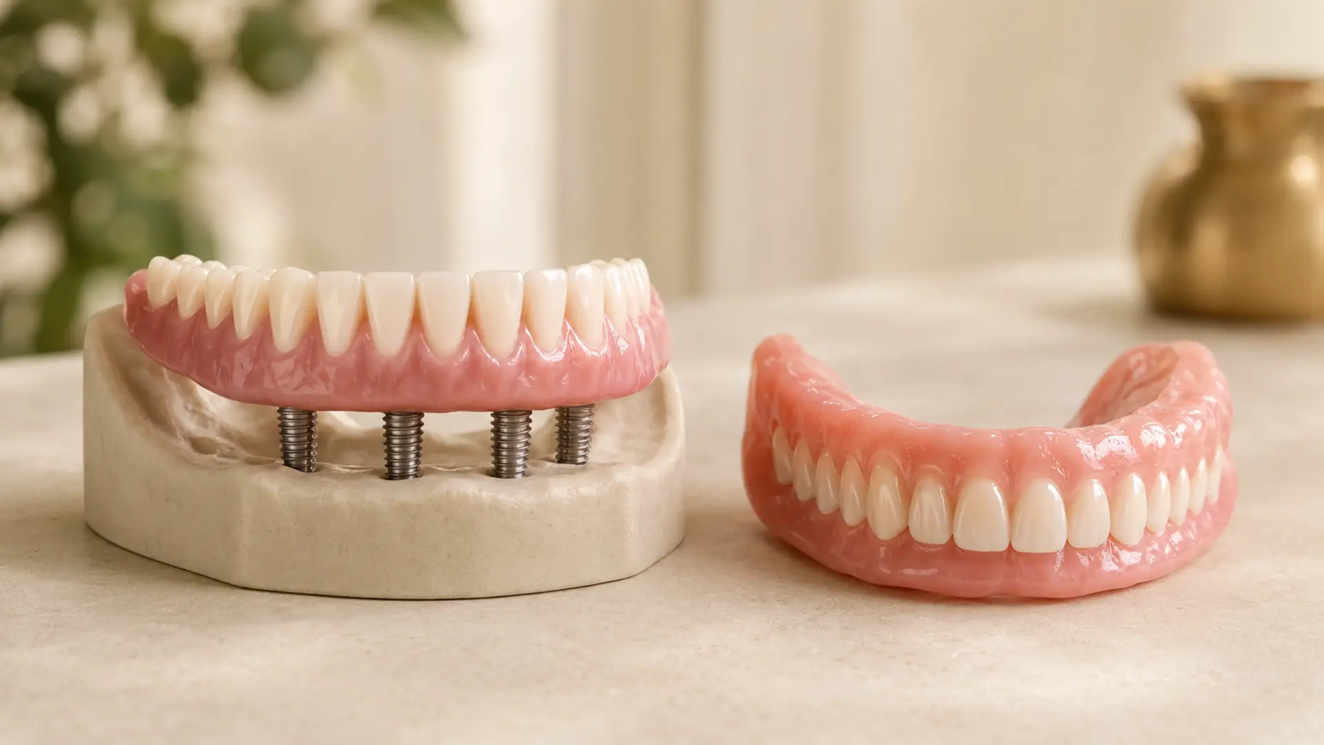 Side-by-side comparison of a full-arch implant-supported dental prosthesis and a traditional removable denture