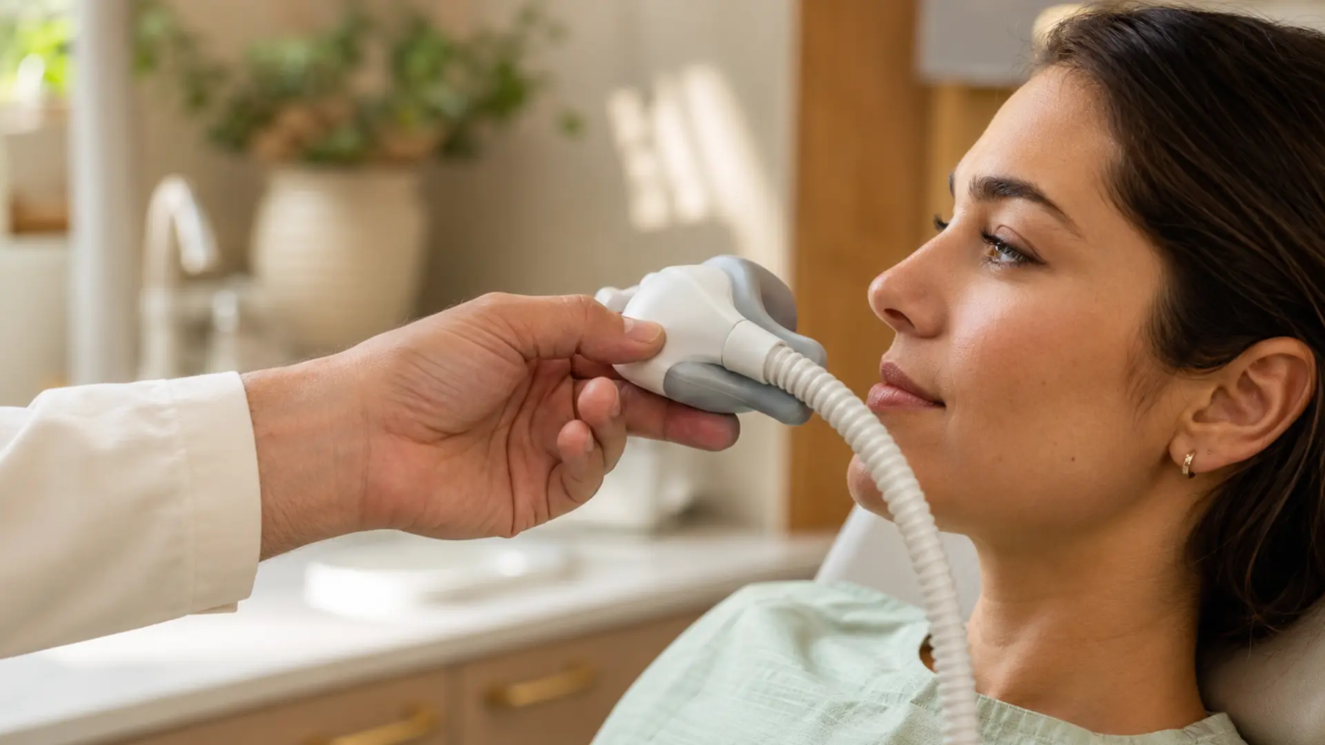 Dentist gently placing a nitrous oxide mask for a calm, relaxed patient at a sedation dentistry visit in Georgetown, TX