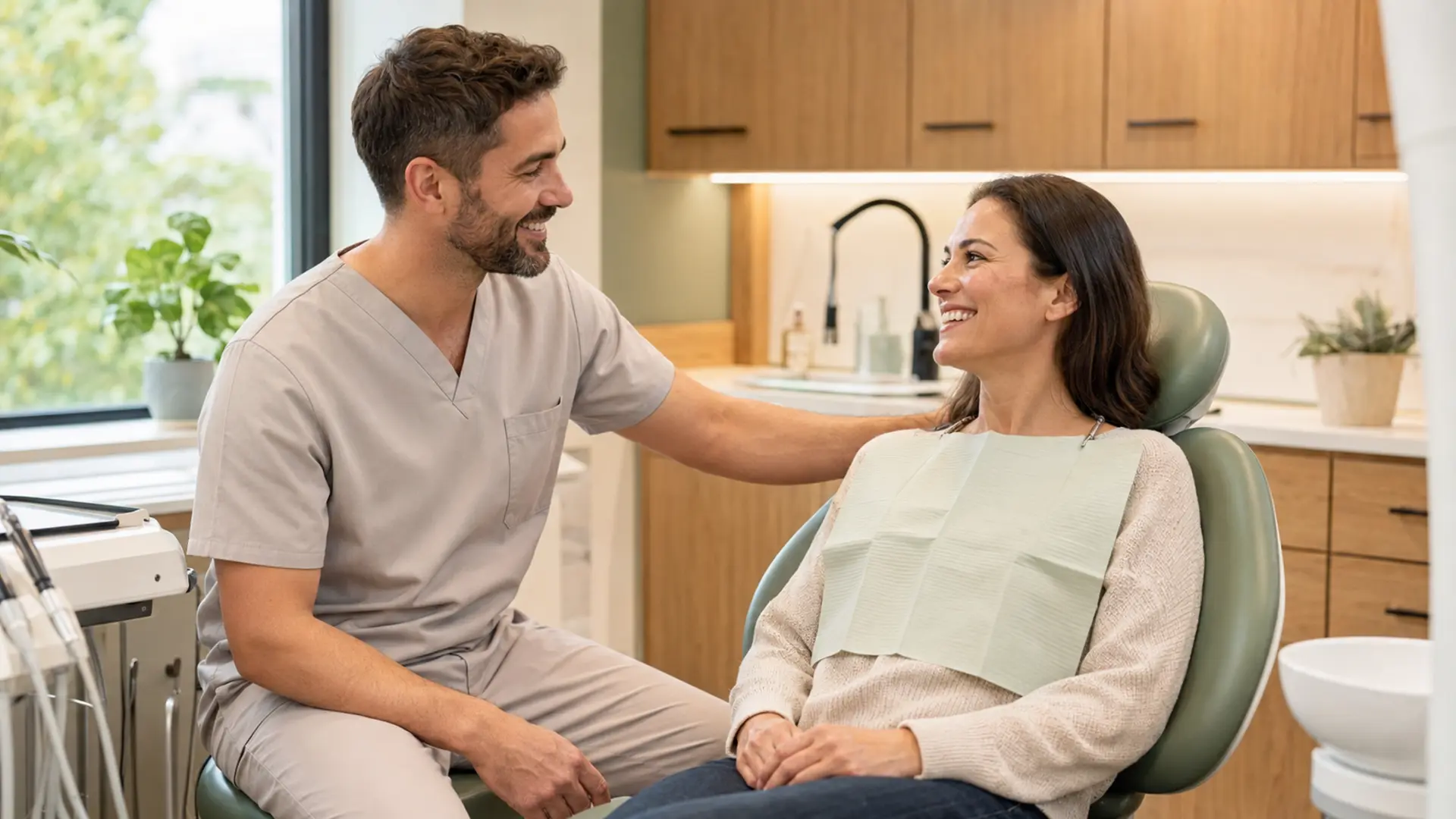 Dentist reassuring a relieved patient during a same-day emergency dental visit in Georgetown, TX